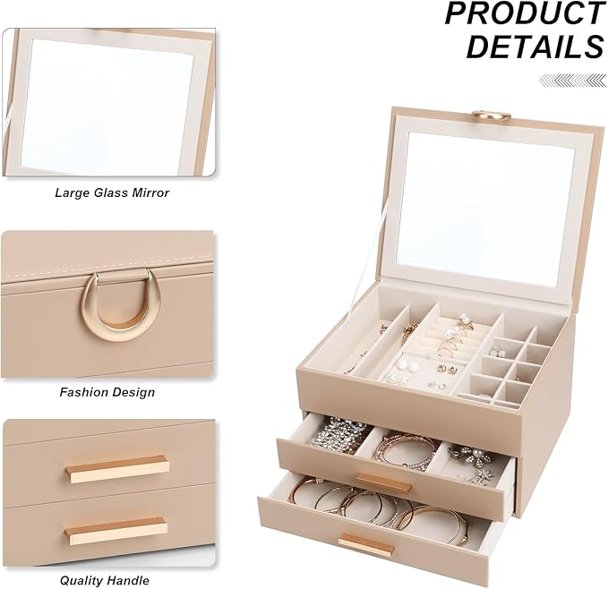 Elegant Gift Jewelry Box with Mirror - 3-Layer Organizer for Earrings, Rings, Necklaces, Ready to Give for Birthday Anniversary Christmas Apricot