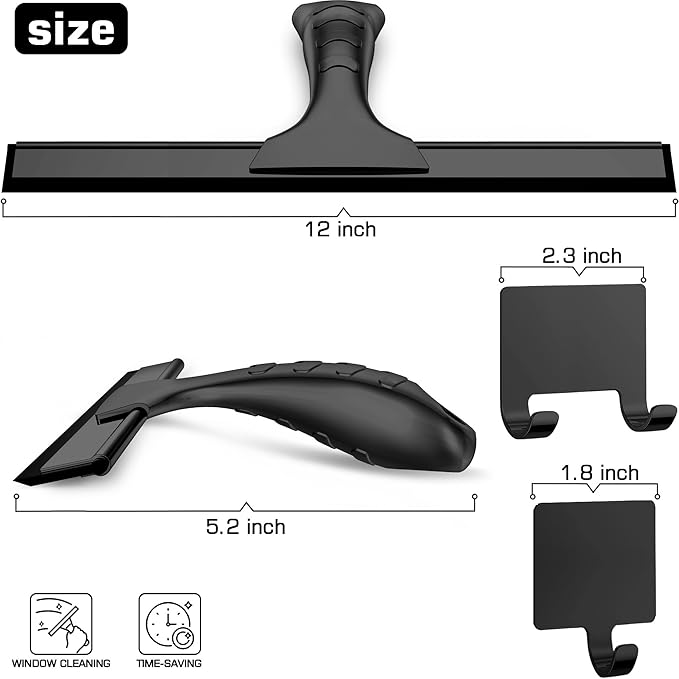 All-Purpose Shower Squeegee for Shower Doors with 2 Adhesive Hooks, Bathroom Cleaner Tool Household Window Mirror Squeegee for Clean, Glass Door, Tile Wall, Car, Stainless Steel, 12 Inch Black