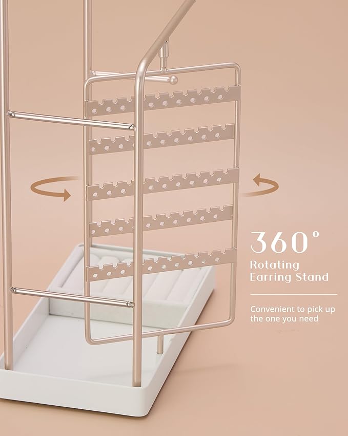 ProCase Jewelry Stand Holder Organizer, Jewelry Display Storage with Ring Tray, No-Assembly Needed, Rotating Earring Bracelet Necklace Holder, Christmas Gifts Room Dorm Decor for Teen Girls -Champagne