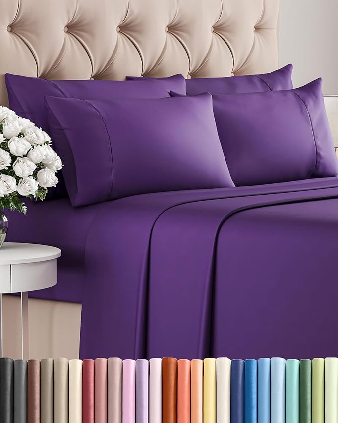 Cal King 6 Piece Sheet Set - Comfy Breathable & Cooling - Ultra-Soft Hotel Luxury Bedding Set with 8-16 Inch Deep Pockets - 1 Flat & 1 Fitted Sheet & 4 Pillowcases - Wrinkle Free & Easy Care - Purple