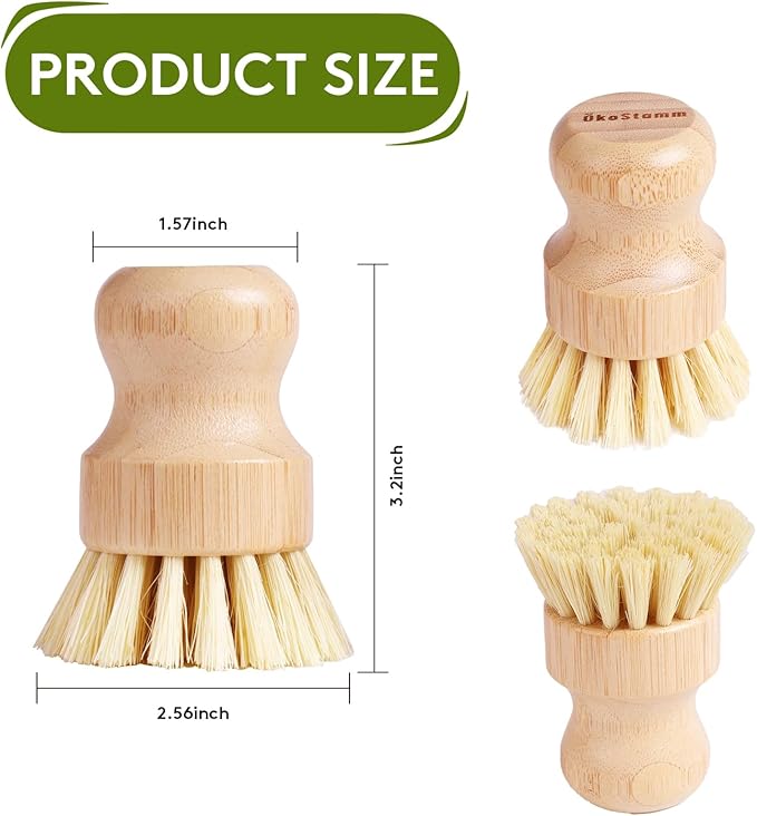 ÖkoStamm 4 Pack Bamboo Dish Brush, Natural Dish Scrubber with Sisal Bristle, Scrub Brush for Kitchen Cleaning Dishes, Pots, Pans, Bottles, Vegetables