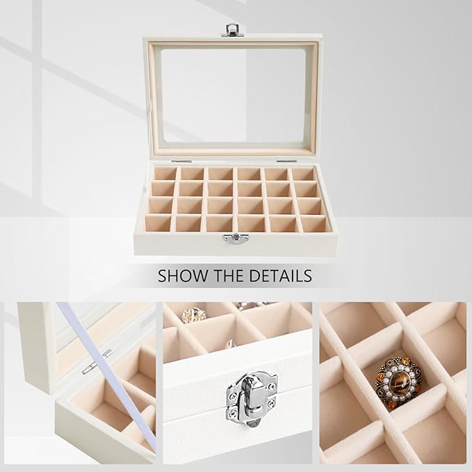 Wudygirl Jewelry Organizer Small Jewelry Box 24 Grid Earring Holder Organizer Velvet Jewelry Tray with Clear Lid Ring Holder Display Earring Organizer Storage for Women (Cream)