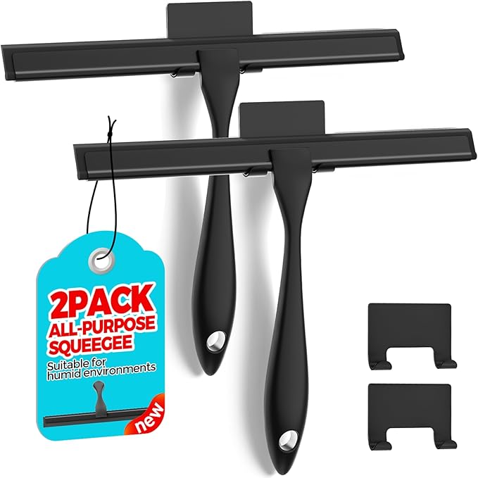 ALFLOD 2PACK All-Purpose Shower Squeegee for Shower Doors, Tile Shower Walls, Bathroom, Window, Glass and Car Windshield, Mirrors and Kitchen-Stainless Steel, 10 Inches, Black