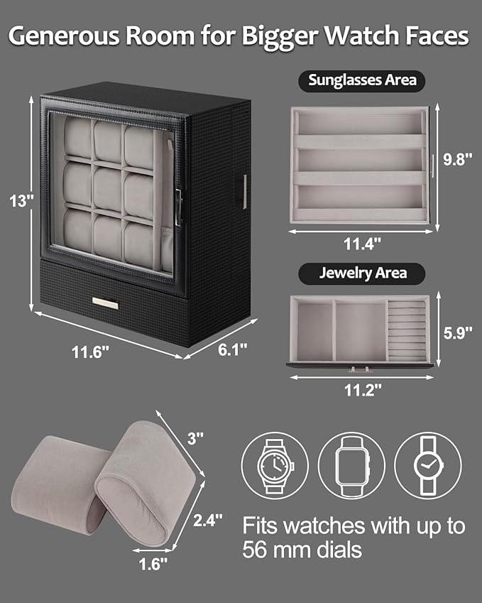 Jenseits 9-Slot Watch Box, Mens Jewelry Box with Glass Lid and Drawer, Leather Watch Organizer for Watches, Sunglasses, Vertical Watch Case Holder for Men Women, Gift Idea