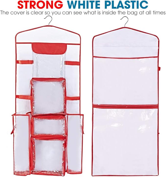 ProPik Hanging Double Sided Wrapping Paper Storage Organizer With Multiple Pockets Organize Your Gift Wrap, Gift Bags Bows Ribbons 40"X17" Fits 40 Inch Rolls Clear PVC Bag (Red)