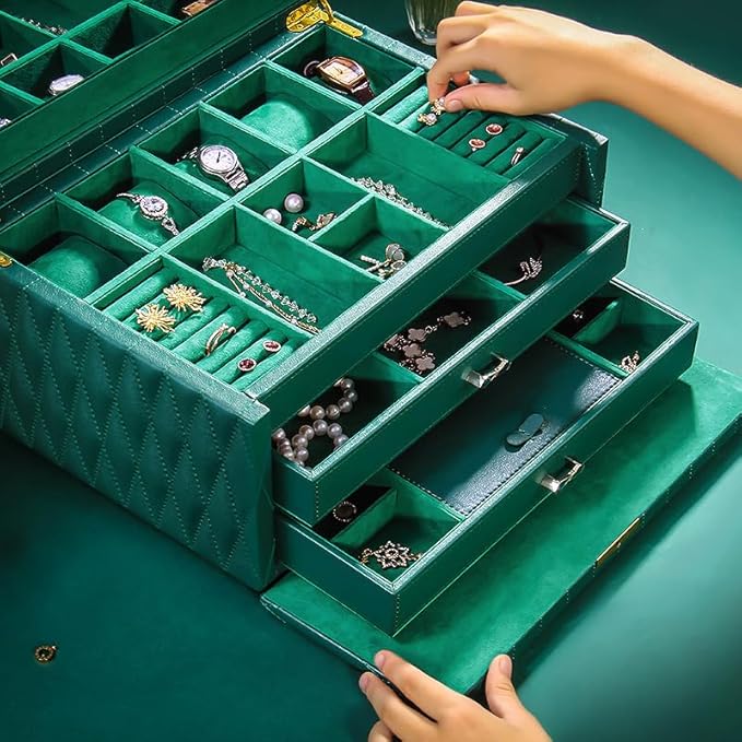 Genuine Leather Jewelry Box – 3 Layer Large Jewelry Organizer with Mirror, Lockable Jewelry Box for Women – Necklace, Ring, Earring Organizer with Drawer - Valentine's Day Gifts(Green)