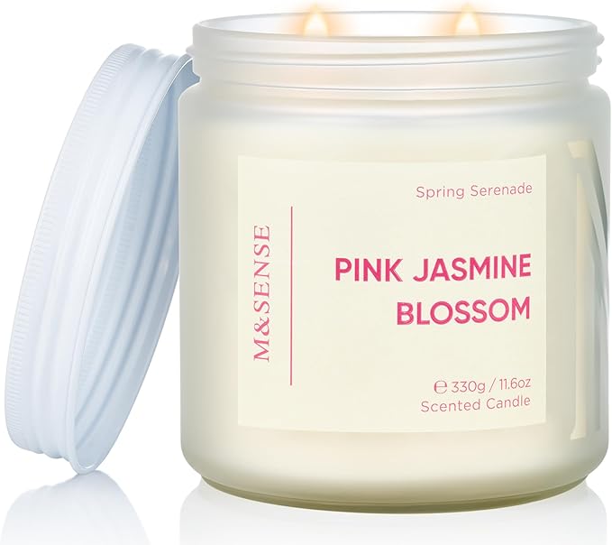 M&SENSE Pink Jasmine Rose Scented Candle - 11.6oz Natural Soy Wax 70-Hour Long Lasting Burn Time, 2-Wick Spring Non-Toxic Romantic Candle for Home Decor Flower Scent Gifts for Her Him