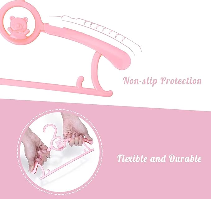 HGYZE Kid Hangers for Closet 50pcs, Pink Baby Clothes Hanger Plastic, 11-14" Adjustable Bulk Perchas for Newborn, Non-Slip Children Outfit Bear Hangar for Girl Boy Toddler Infant Nursery Clothing