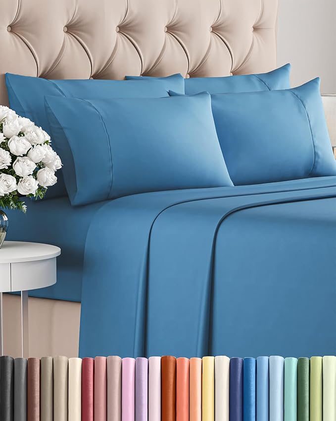 Full 6 Piece Sheet Set - Comfy Breathable & Cooling - Ultra-Soft Hotel Luxury Bedding Set with 8-16 Inch Deep Pockets - 1 Flat & 1 Fitted Sheet & 4 Pillowcases - Wrinkle Free & Easy Care - Denim Blue