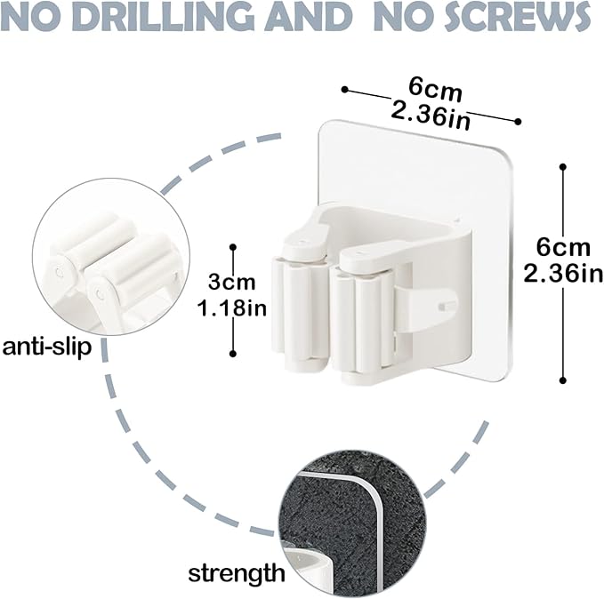 3-H 8-Pack Self Adhesive Broom Holder Wall Mount - Heavy Duty No Drill Broom Organizer for Garage Closet Kitchen, Plastic Storage Rack for Brooms Mops Tools, Peel and Stick Adhesive,Beige White