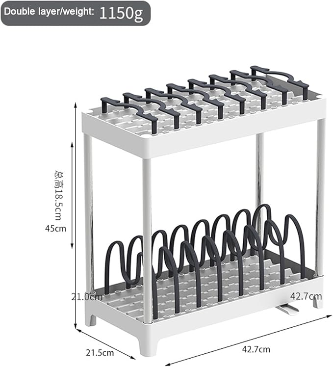 COMEOXO Double-Layer Pot and Pan Lid Organizer with Drainage, Adjustable 16 Compartments for Kitchen Cabinets - Bakeware, Cookware, Cutting Boards & Dishes (Dark Grey)