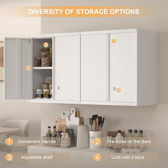 Garage Wall Cabinets,Metal Wall Cabinet for Garage with 2 Doors,Locking Wall Mount Storage Cabinet with Adjustable Shelf for Laundry,Kitchen,Basement