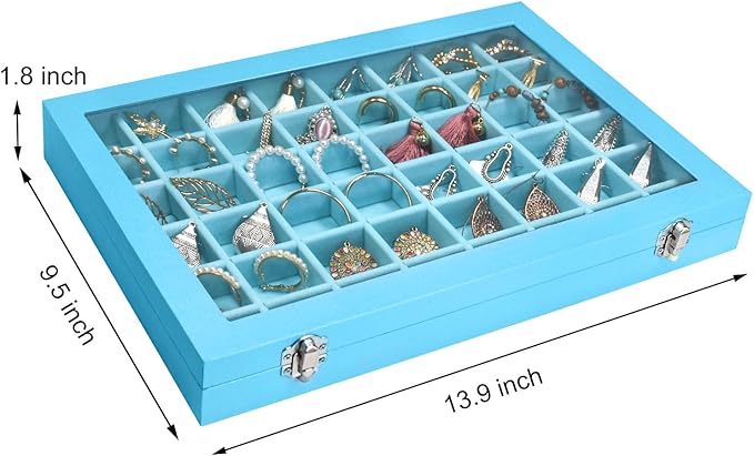 Jewelry Tray Organizer Box 48 Grid Jewelry Display Organizer Box with Transparent Lid Rings Earrings Necklaces Pendants Display Box Suitable for Women and Girls (48 Grid, Sky Blue)