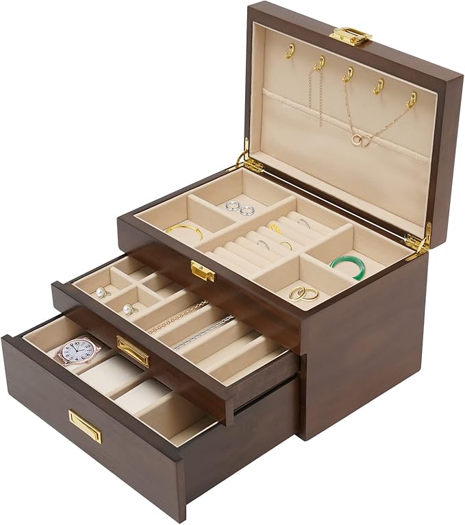 3-Layer Jewelry Box Organizer with Lock and Hooks,Jewelry Chest for Women Girls, Retro Display Jewellery Holder Organizer Storage Box for Necklace Earrings Rings Bracelets