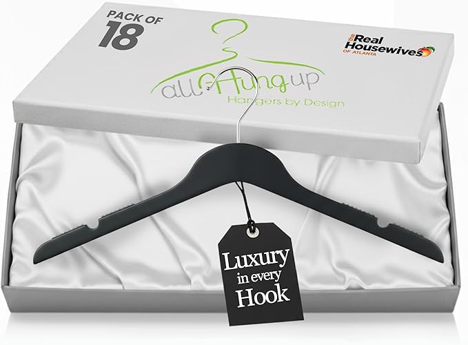 All Hung Up Plastic Hangers Slim, Non Slip Space Saving Clothes Hangers for Closet Organization, Durable Notched Plastic Coat Hangers for Shirts, Dresses & Jackets, Black, 18 Pack