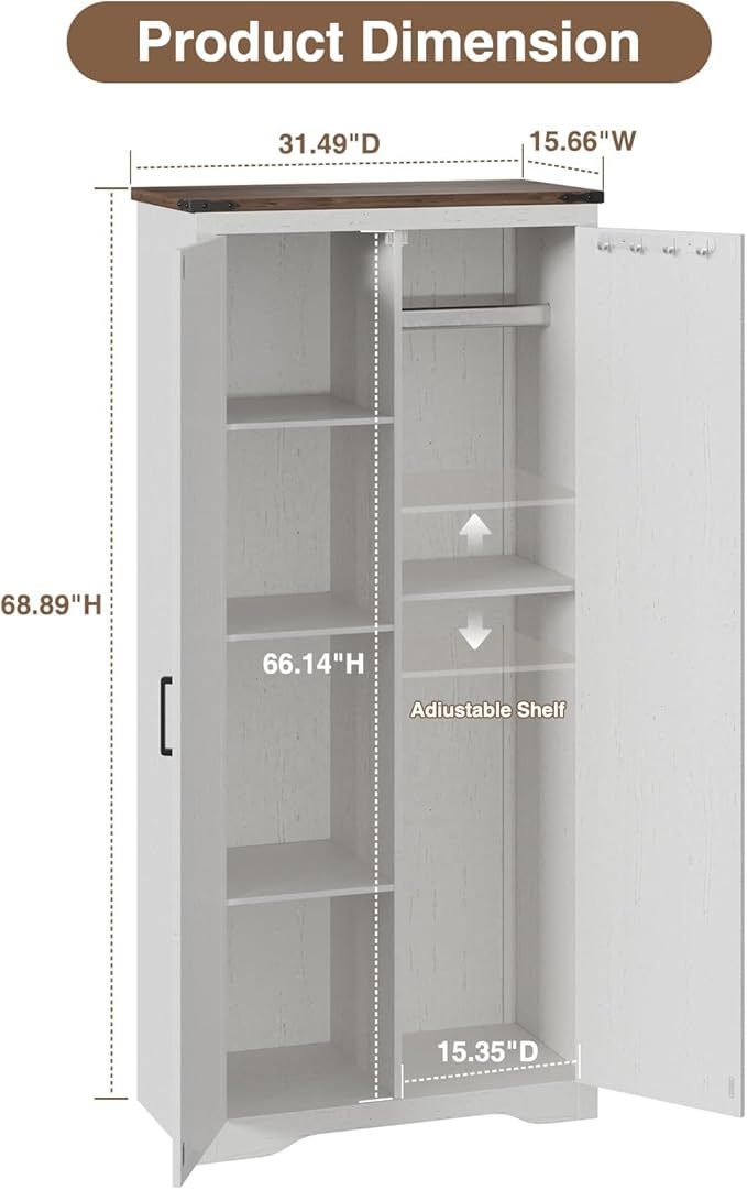 Farmhouse Storage Cabinet with Adjustable Shelves, Large Pantry Organize with 2 Barn Doors, Freestanding Cabinet for Kitchen, Garage, Basement, Living, Utility Room, Off-White