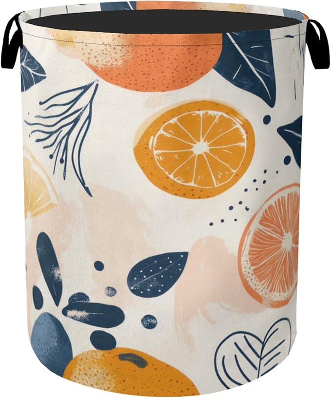 Summer Fruits Orange Laundry Basket with Handles - Extra Large Foldable Hamper for Bathroom/Laundry/Bedroom/Dorm, Washable Fabric Storage Bin