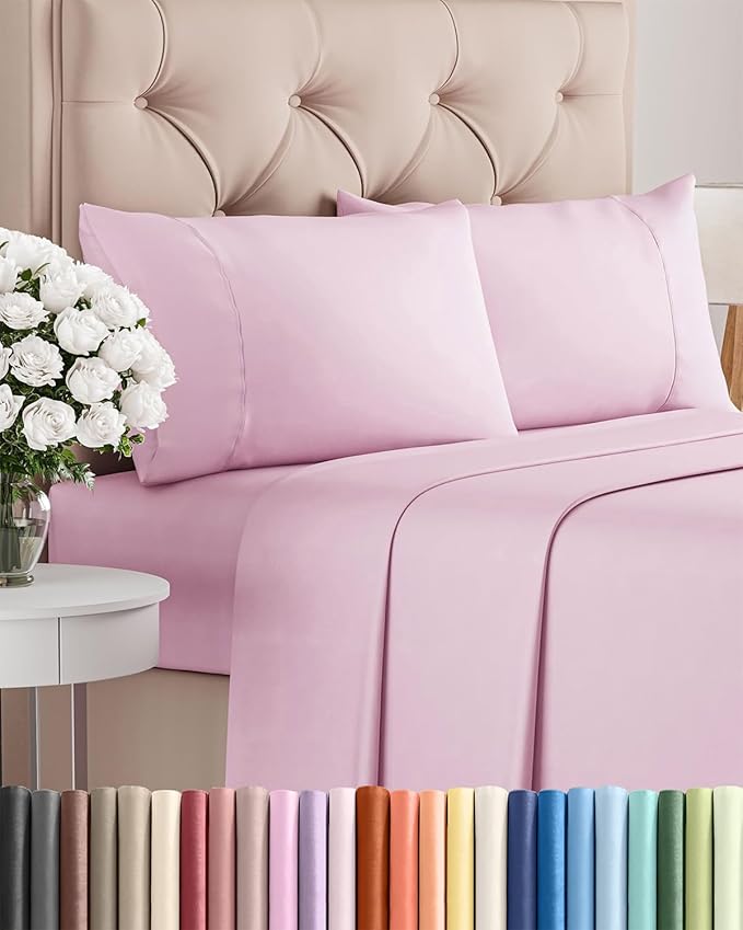 Twin XL 4 Piece Sheet Set - Comfy Breathable & Cooling - Ultra Soft Hotel Luxury Bedding Set w/ 8-16 Inch Deep Pockets - 1 Flat & 1 Fitted Sheet & 2 Pillowcases - Wrinkle Free & Easy Care - Light Pink