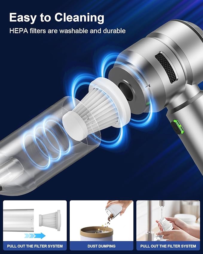 VNOST Car Vacuum,3 Suction Modes,Portable Mini Cordless Cleaner with 21000pa Suction Power,Type-C Charge,Handheld Vacuum for Home,Car, Office Desk, Keyboards(Fantasy Silver)