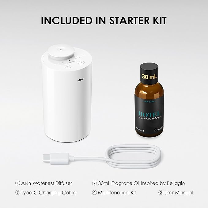Airversa Waterless Essential Oil Diffuser Starter Kit with 30mL Hotel Fragrance Oil Inspired by Blagio, Battery Operated Car Diffuser, Portable Aroma Nebulizer for Home Car Office, AN6Kit-4, White