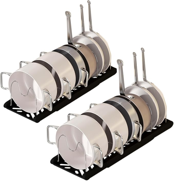 Lhieiayh Pot Rack -Expandable Pan Organizer for Cabinet,Pot Lid Holder with 7 Adjustable Compartment for Kitchen Cabinet Cookware Baking Frying Rack,2Pack,Black