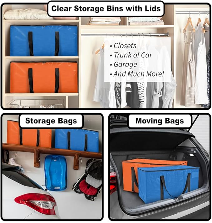 ClearSpace Heavy Duty Moving Bags or Storage Bags – Storage Bins with Lids, Large Moving Boxes with Backpack Straps & Zippers,– Packing Box & Moving Supplies for College Dorm, 6 Pack