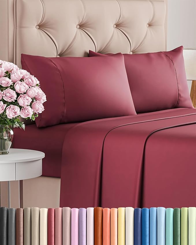 Twin XL 4 Piece Sheet Set - Comfy Breathable & Cooling - Ultra-Soft Hotel Luxury Bedding Set w/ 8-16 Inch Deep Pockets - 1 Flat & 1 Fitted Sheet & 2 Pillowcases - Wrinkle Free & Easy Care - Burgundy