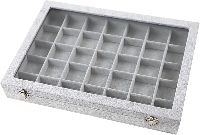 Jewelry Tray 35 Grid Velvet Jewelry Organizer with Clear Lid Transparent Earring Bracelet Organizer Holder Case with Clasp Drawer Insert for Rings Studs Gift for Women Girls (Grey)