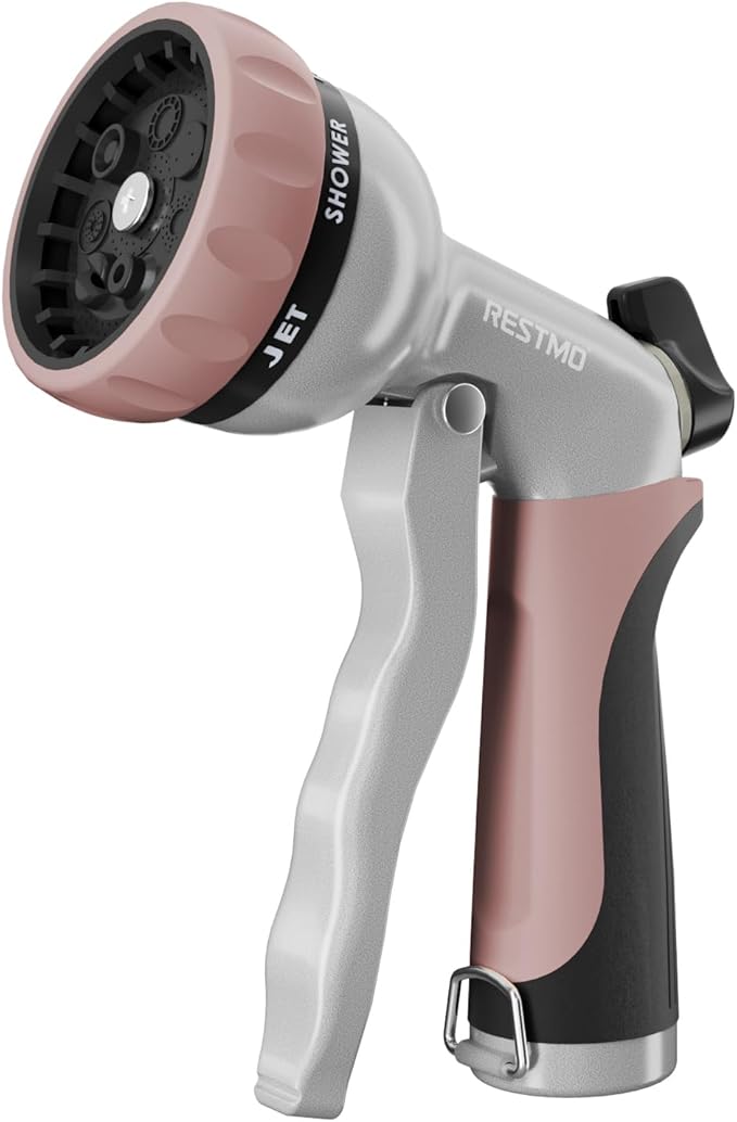 RESTMO Garden Hose Nozzle, Heavy Duty Metal Water Nozzle with 7 Adjustable Spray Patterns, High Pressure Hand Sprayer with Flow Control, for Watering Plants & Lawns, Washing Cars & Pets, Rose Gold