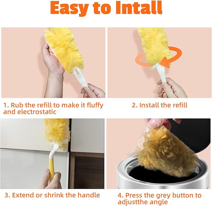 20-Pack Duster Refills Compatible for Swiffer Duster, 360° Heavy Duty Duster Refills with 1 Extended Handle 3FT +1 Short Handle, Multi-Surface Cleaning Kit for Blinds Bookshelf Furniture Ceiling Fans