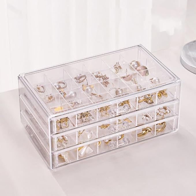 Earring Organizer Box Acrylic Stackable Jewelry Organizer with 3 Drawers 72 Small Compartments Clear Jewelry Display Stand for Stud Earring Ring Pin Display (Transparent)