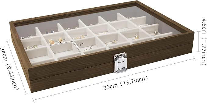 Wudygirl Wood Jewelry Organizer 24 Grid Jewelry Tray with Clear Lid Lockable Earring Holder Organizer Vintage Jewelry Box Ring Holder Gift for Women Girls (24 Grid)