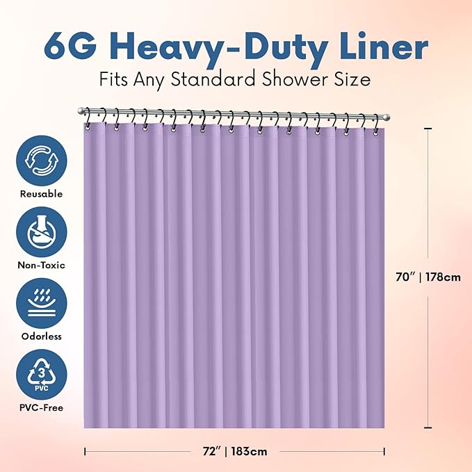 Premium Shower Curtain Liner, 72"W X 72"H - PVC-Free, 6G PEVA Shower Curtain with 12 Rust Proof Grommets And Magnet-weighted Bottom Hem - Moisture Stain Proof Shower Curtain Liner - Lavender