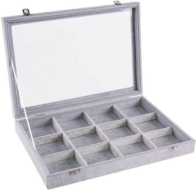Jewelry Tray 12 Grid Velvet Jewelry Organizer with Clear Lid Transparent Earring Bracelet Organizer Holder Case with Clasp Drawer Insert for Rings Studs Gift for Women Girls (Grey)