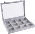 Jewelry Tray 12 Grid Velvet Jewelry Organizer with Clear Lid Transparent Earring Bracelet Organizer Holder Case with Clasp Drawer Insert for Rings Studs Gift for Women Girls (Grey)