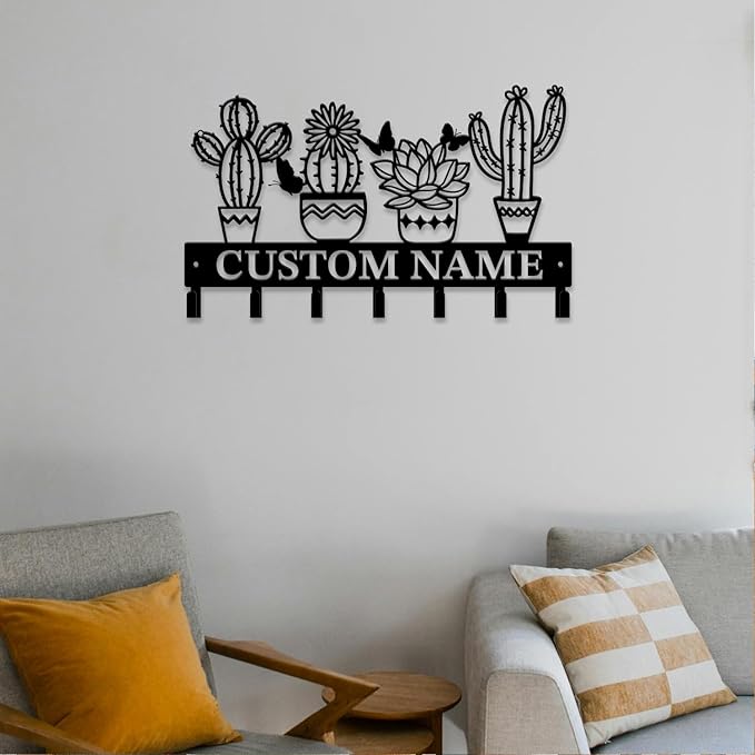 Personalized Custom Name Cactus Wall Keys Hooks,Metal Cactus Art Clothes Hooks,Metal Cactus Lover Wall Home Storage Decorative,For Front Door, Hallway, Kitchen, Bedroom,Keys,Hats (Style J)