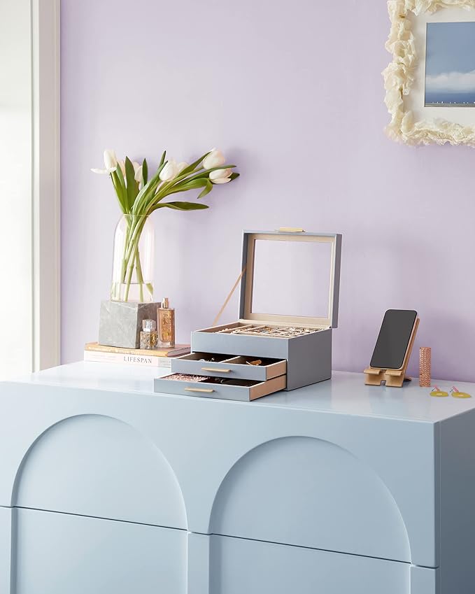 SONGMICS Jewelry Box Organizer with Glass Lid, 3-Layer Jewelry Storage, with 2 Drawers, Modern Style, 8 x 9.1 x 5.3 Inches, Smoky Blue and Gold Color UJBC239Q01