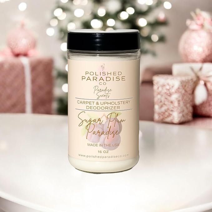 Polished Paradise Co Paradise Scents Carpet and Upholstery Deodorizer, Holiday Christmas Scent Powder for Rugs and Textiles, 16 Oz (Sugar Plum Paradise)
