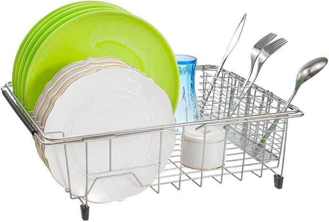 SANNO Expandable in Sink Dish Drying Rack, Large Dish Drying Rack with 4 Division Utensil Silverware Cutlery Holder, Dish Drainer Shelf Dish Rack in Sink On Counter, Rustproof Stainless Steel