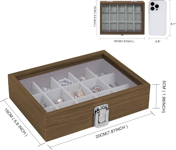 Stratalife Jewelry Organizer Box with 15 Detachable Slots Earring Holder for Women & Girls Velvet Lined Earring Storage Case Compact Jewelry Box for Earrings Rings and Charms Wood Gray