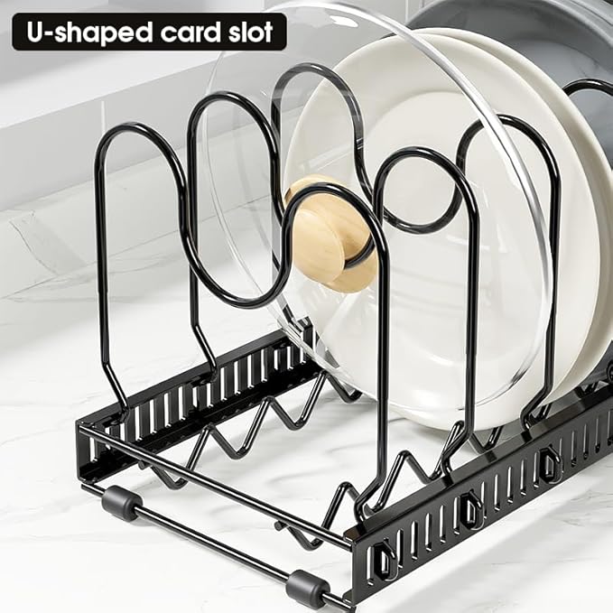 Expandable Pots and Pans Organizer Rack, Pot Lid Kitchen Cabinet Organizer Holder with 10 Adjustable Compartment, Kitchen Cabinet Organizer for Pots, Pans, Lids & Bakeware, Countertop Storage