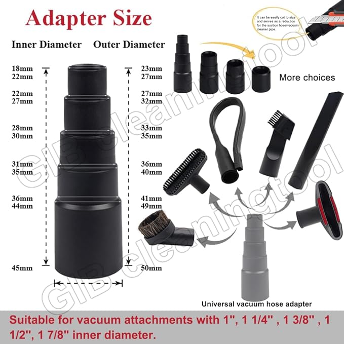 10 Pcs Universal Vacuum Attachments for Shop Vac Accessories - 2 1/2" to 1 1/4" and 1 7/8" to 1" Vacuum Hose Adapter Kit, Vacuum Brush Attachment Flexible Crevice Tool, Vacuum Extension Wand