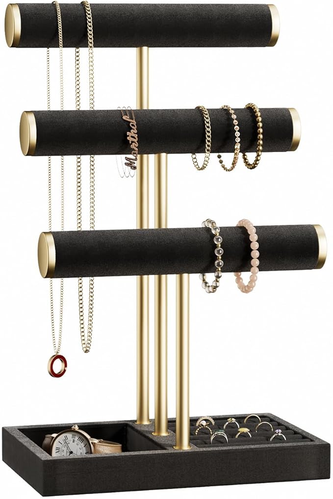 bussdis 3 Tier Bracelet Holder Display - Detachable T Bar Black Velvet Bracelet Holder, Jewelry Holder Organizer for Bracelet, Necklace, Watches, Rings