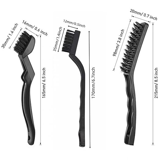 Wire Brush Set, 9-Piece, for Removing Weld slag, Rust and dust. Wire Cleaning Brushes comprise Three Different Sizes, Featuring Brass, Nylon and Stainless Steel Bristle Heads respectively, Black