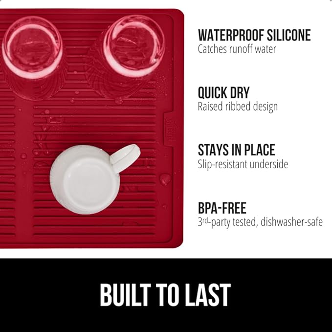 GORILLA GRIP 100% BPA-Free Patented Silicone Dish Drying Mat for Kitchen Counter, Water Catching Ribbed Design, Easy Clean Waterproof Sink Liner, Heat Resistant, Fits Under Rack, 12x16 Inch, Red