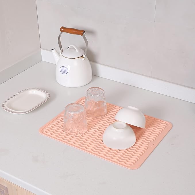 MicoYang Silicone Dish Drying Mat for Multiple Usage,Easy clean,Eco-friendly,Heat-resistant Silicone Mat for Kitchen Counter or Sink,Refrigerator or drawer liner Pink L 16 inches x 12 inches
