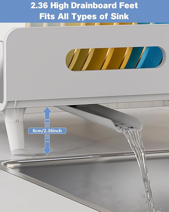 LIONONLY Dish Drying Rack, Thicker Premium Aluminum Frame and 304 Stainless Steel Plate Rack for Kitchen Counter, Automatic Drainage Spout, Dish Drainer & Drainboard Set with Utensil Holder, White