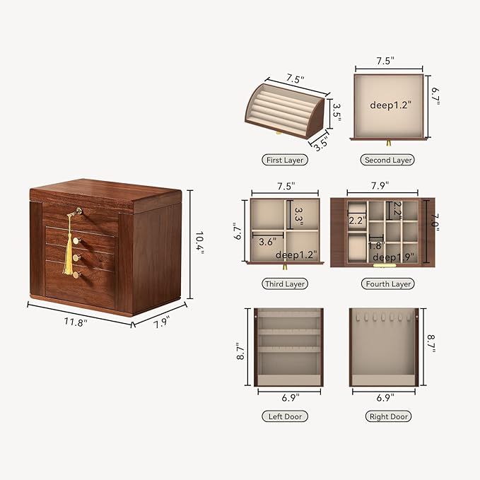 CHOSIN Black Walnut Wooden Jewelry Box, 4-Layer Lockable Organizer with Mirror, Rotatable Ring Holder,Side Doors & Brass Handle, Classical Design for Rings, Necklaces, Earrings, Valentine's Day Gifts