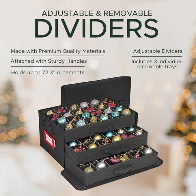 HOLDN’ STORAGE Christmas Ornament Storage Box with Dividers, Holds 72 Ornaments (3 Inch), Large Ball Storage Container with 3 Removable Trays, Durable and Portable - Black