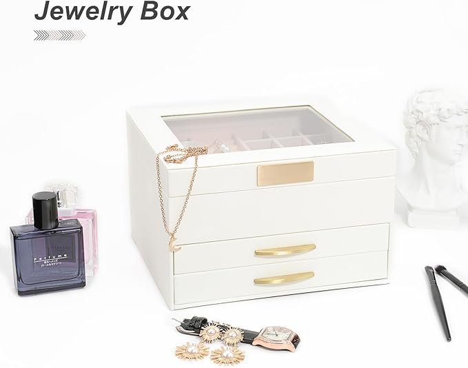 Jewelry Storage Box with Glasses Lid, 3-Tiers Jewelry Organizer Box for Women Girls, Jewelry Case for Rings, Bracelets Earrings, Necklaces (White)